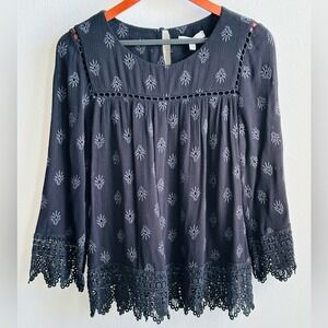 PALE SKY Black Embroidered Peasant Gauze Top Crocheted Lace Trim Women's Medium